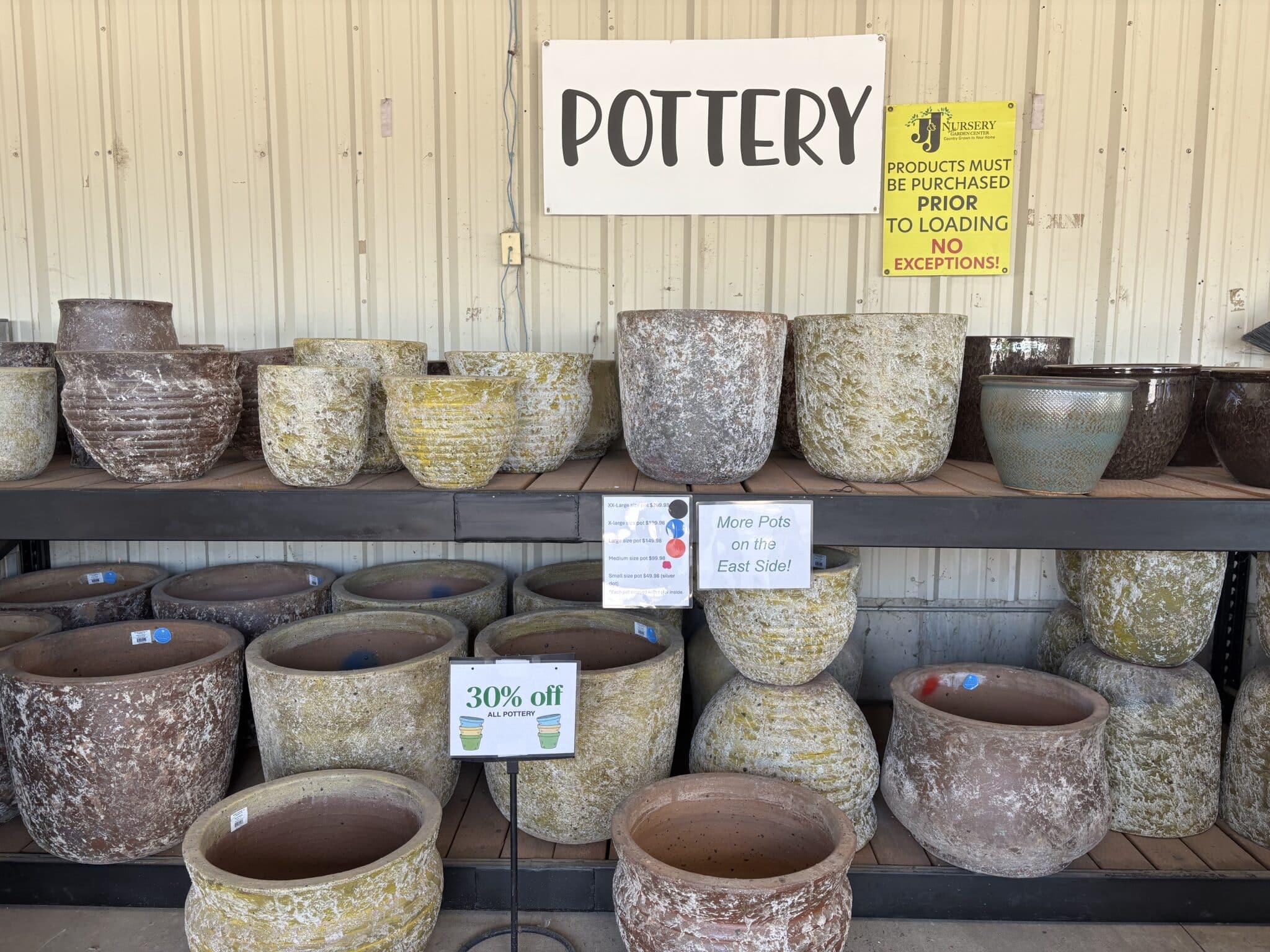 Assorted ceramic pots and planters at J&J Nursery & Garden Center in Layton, Utah