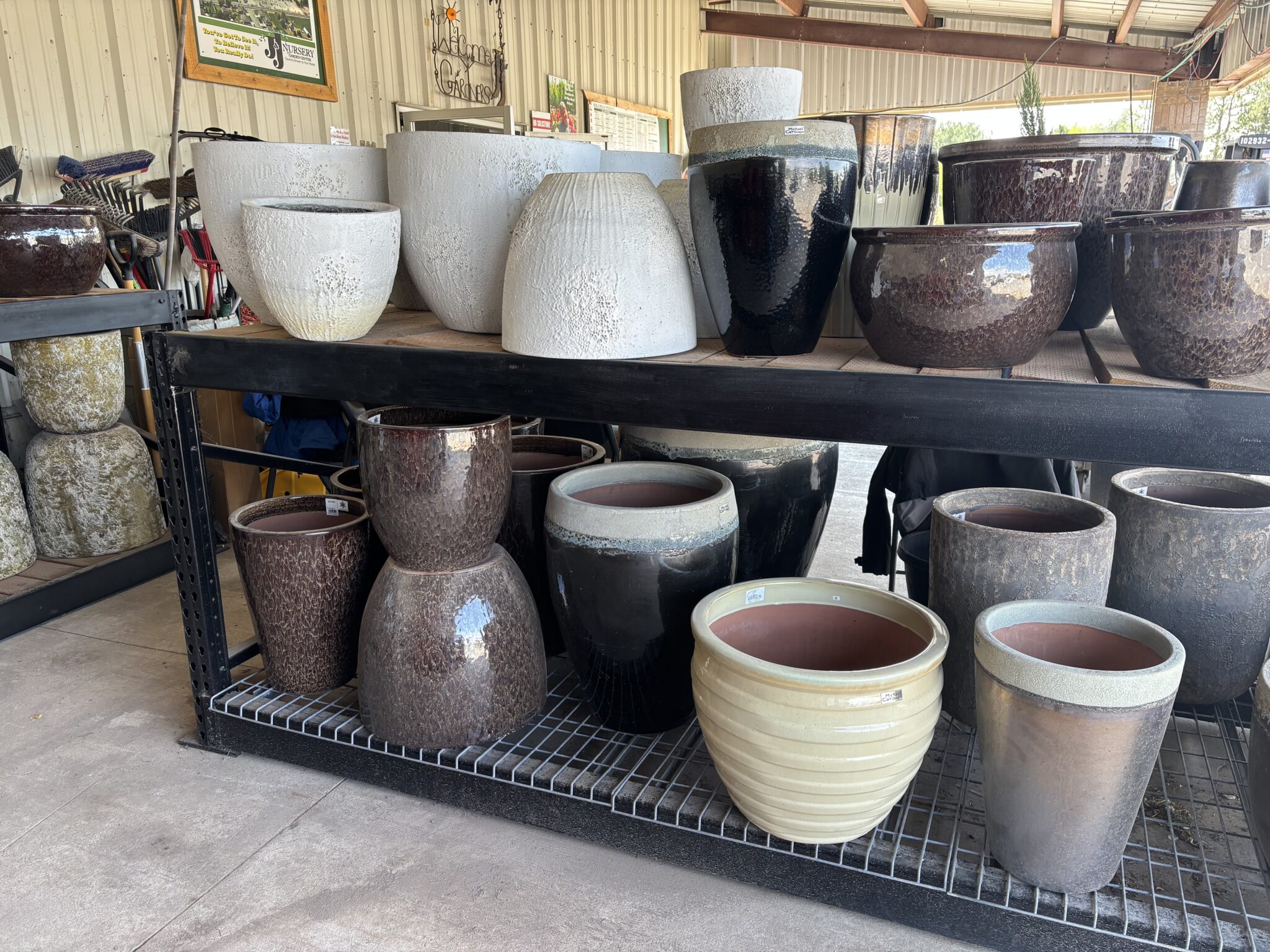 Assorted ceramic pots and planters at J&J Nursery & Garden Center in Layton, Utah