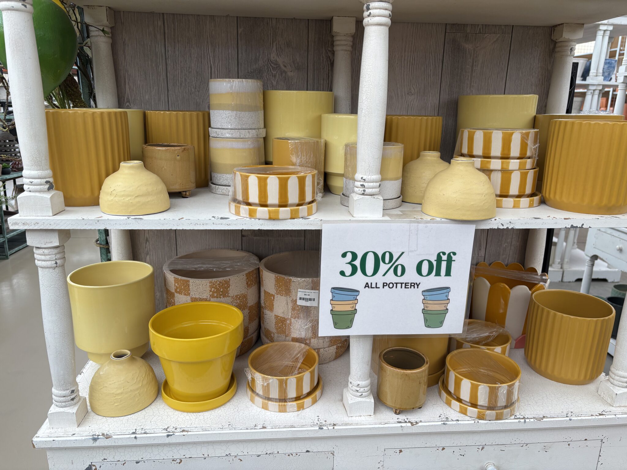 Assorted ceramic pots and planters at J&J Nursery & Garden Center in Layton, Utah