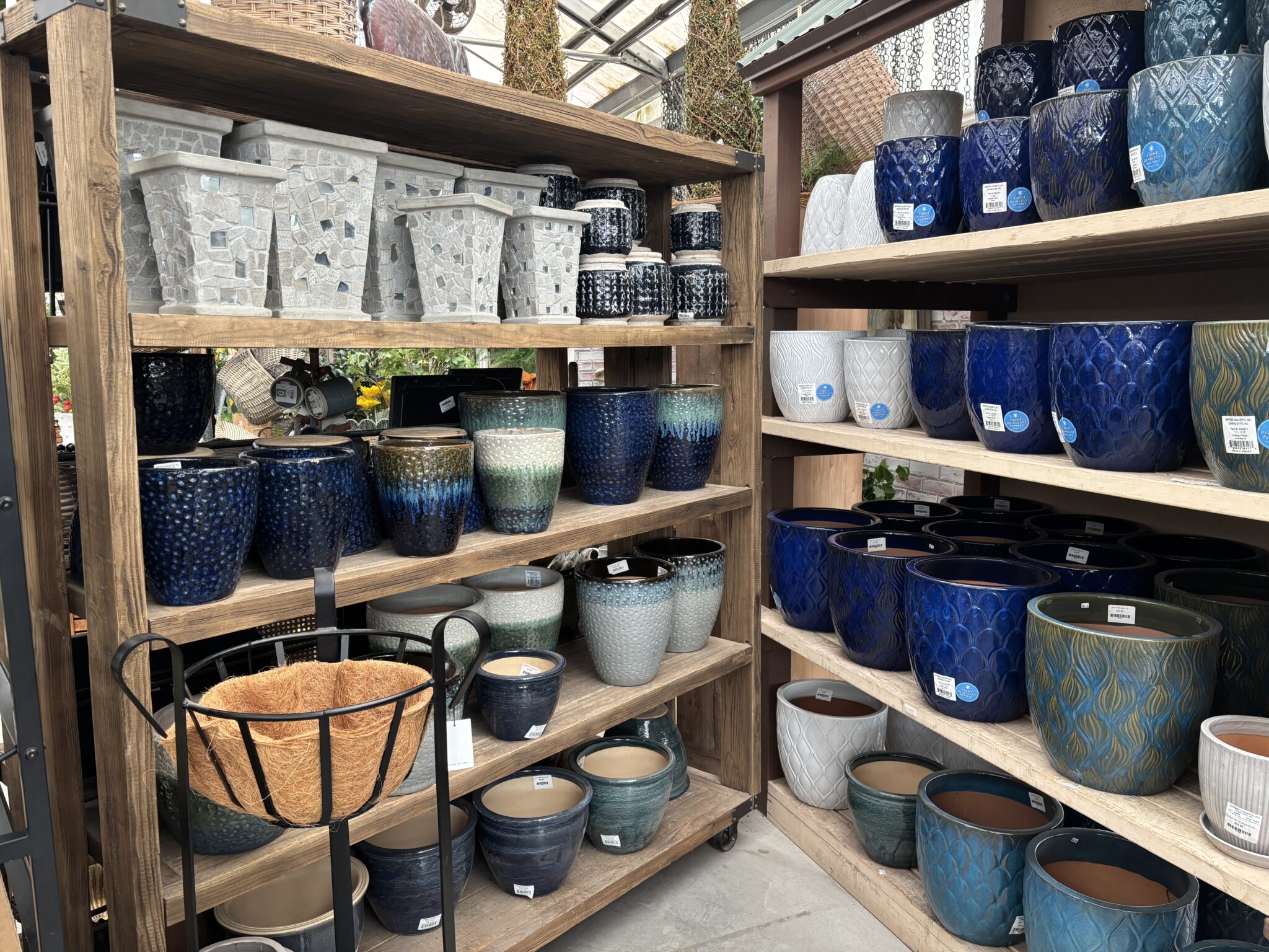 Assorted ceramic pots and planters at J&J Nursery & Garden Center in Layton, Utah