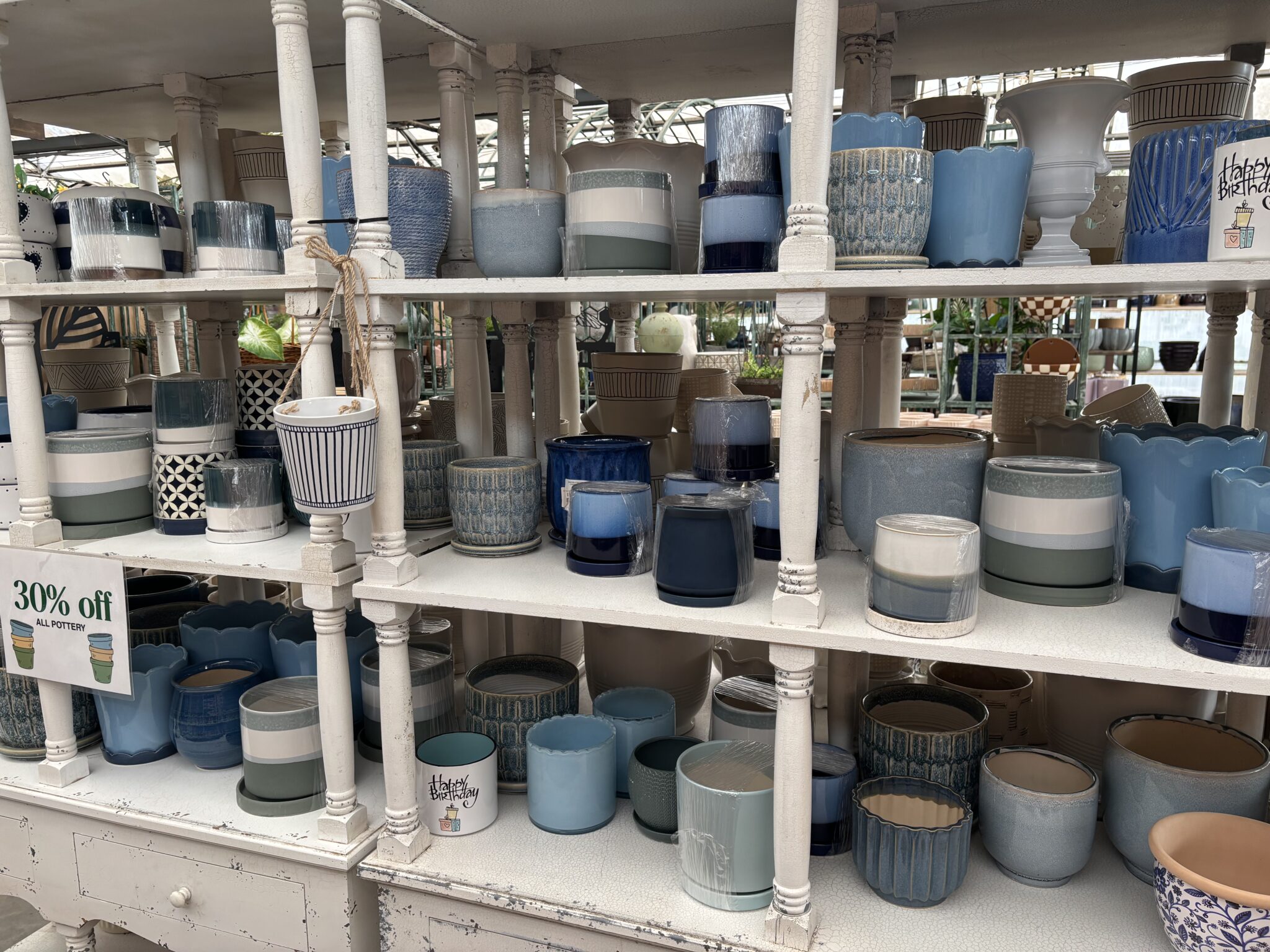 Assorted ceramic pots and planters at J&J Nursery & Garden Center in Layton, Utah