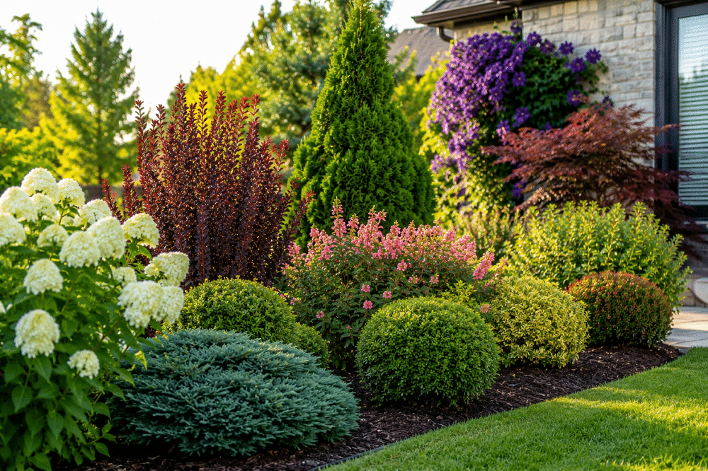 Layered landscape with flowering shrubs, evergreen bushes, colorful foliage, and a flowering climber beside a residential home.
