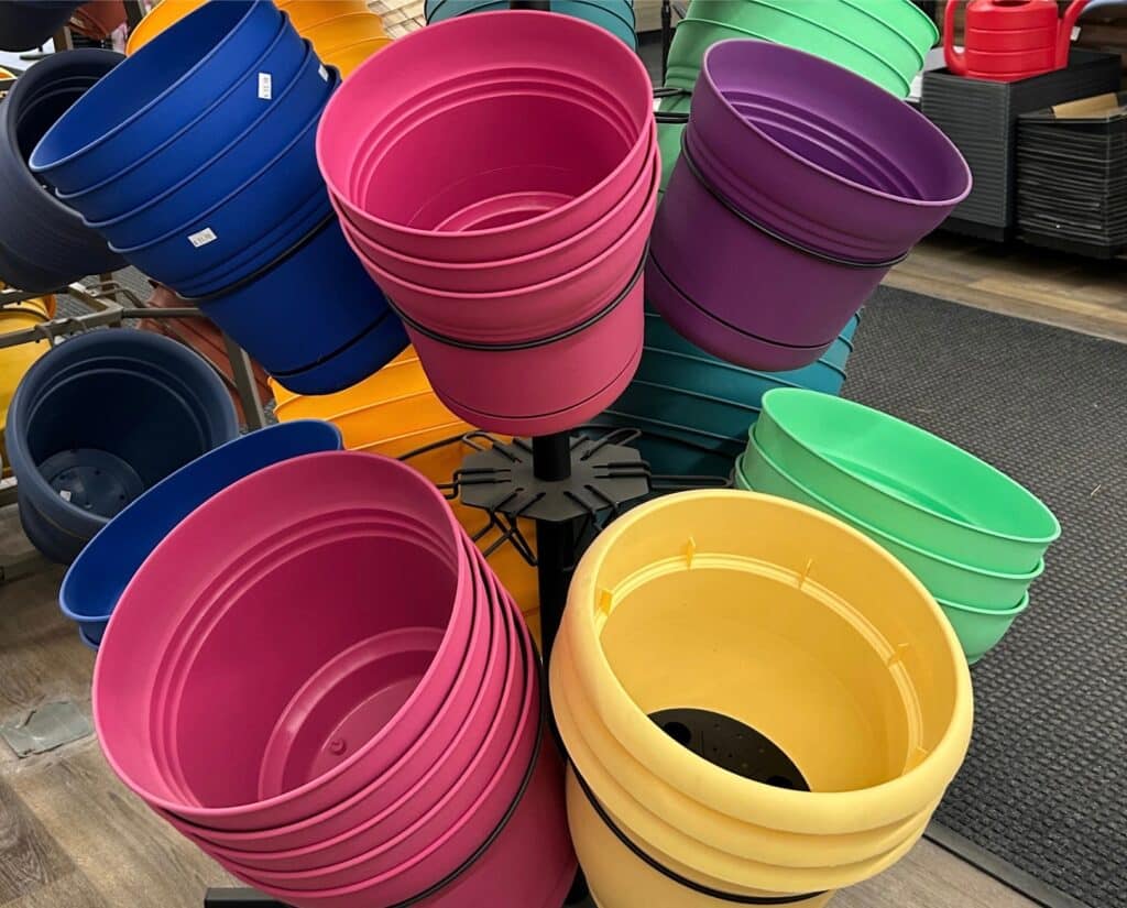 Colorful garden pots and planters at J&J Nursery & Garden Center in Layton, Utah