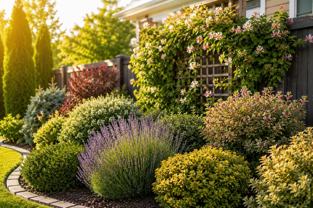 Low maintenance residential garden with flowering shrubs, evergreen plants, lavender, and a honeysuckle covered trellis.